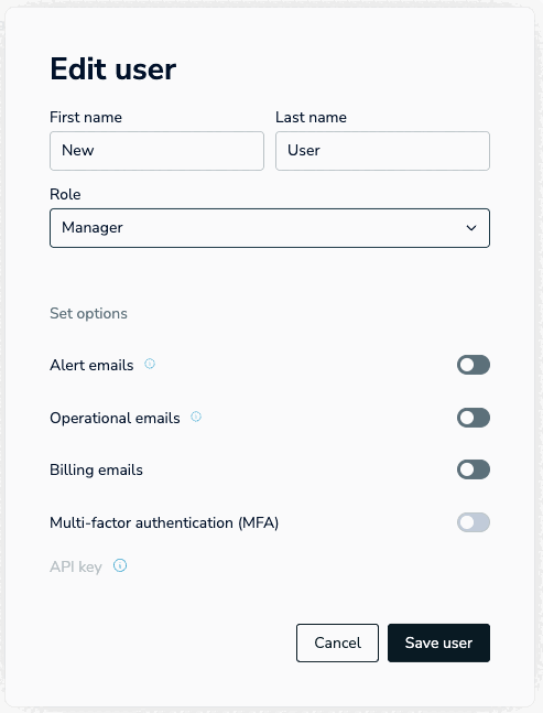 Use the Edit User dialog to change the details for a user