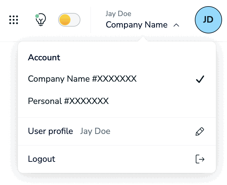 To switch between Redis Cloud accounts, select the desired account from the list shown on the Profile control.