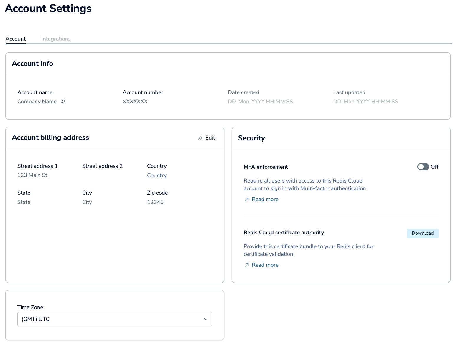 Use the Account tab of the Account Settings screen to review and update settings associated with your Redis Cloud account.