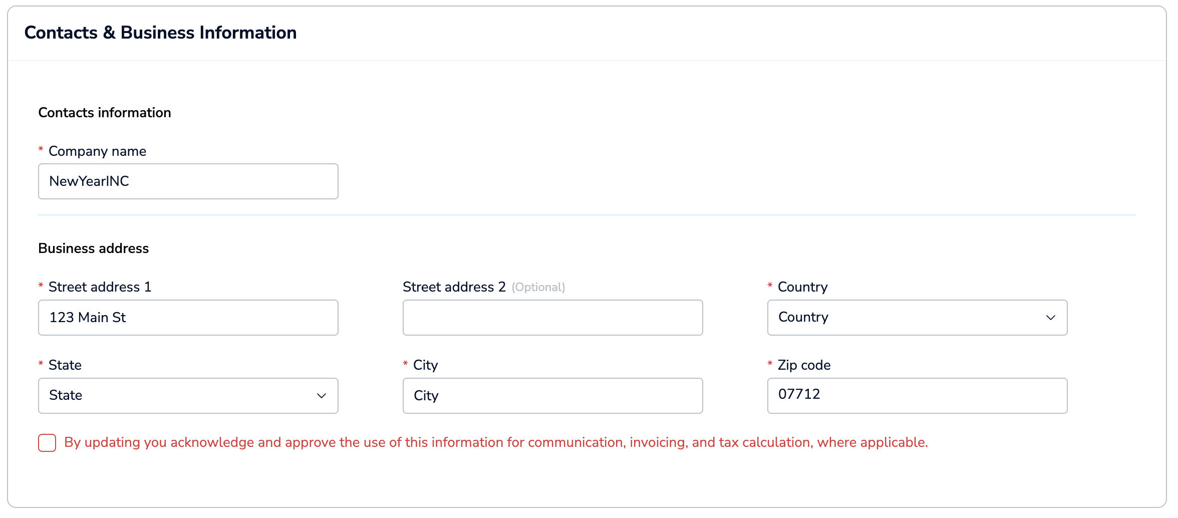 The Contacts & Business information section, with details changed.