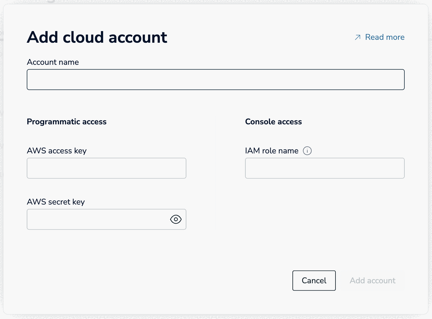 Use the Add cloud account prompt to enter the details of the cloud account.