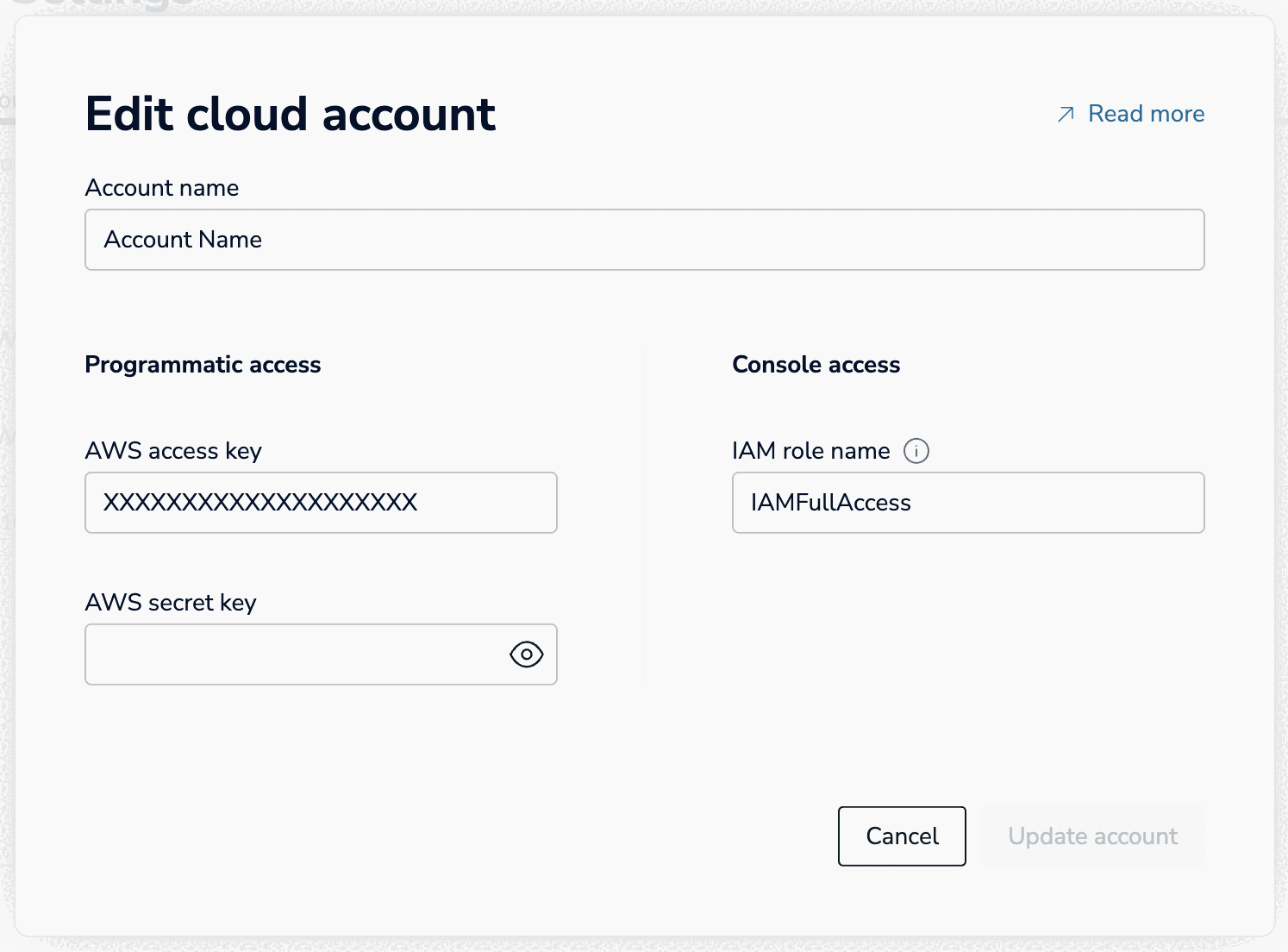 Use the Edit cloud account prompt to update the details of the cloud account.