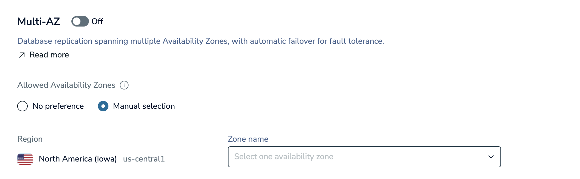 Select one availability zone when Multi-AZ is turned off.