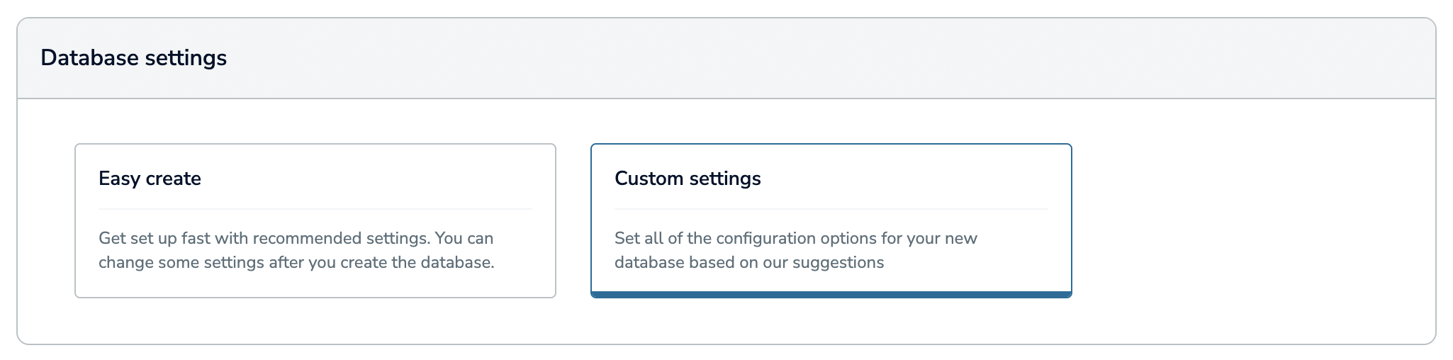 The database settings section, with custom settings selected.