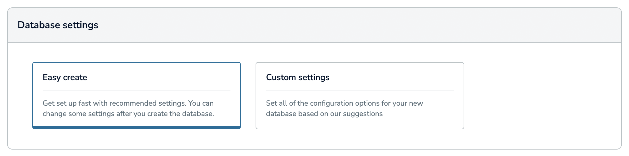 The database settings section.