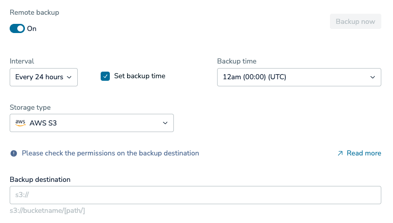 Backup settings appear when you enable the Remote backup settings.