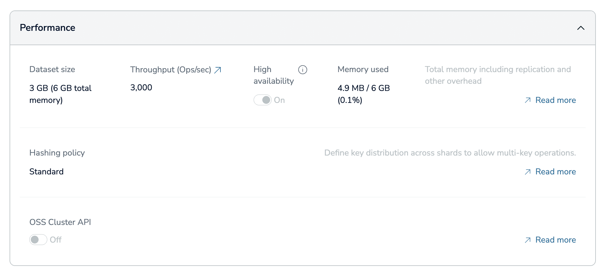 Use the Performance section to control the size, throughput, and hashing policy for a database.