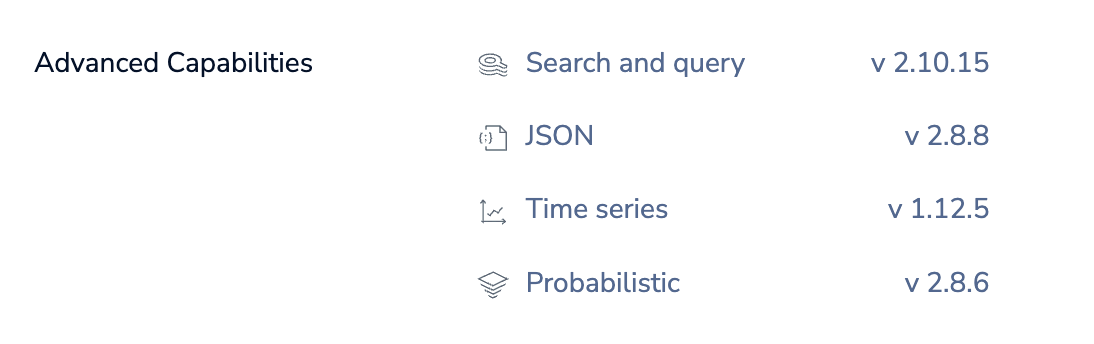 For Essentials, the Database details page lists the capabilities and versions added by Redis Stack.