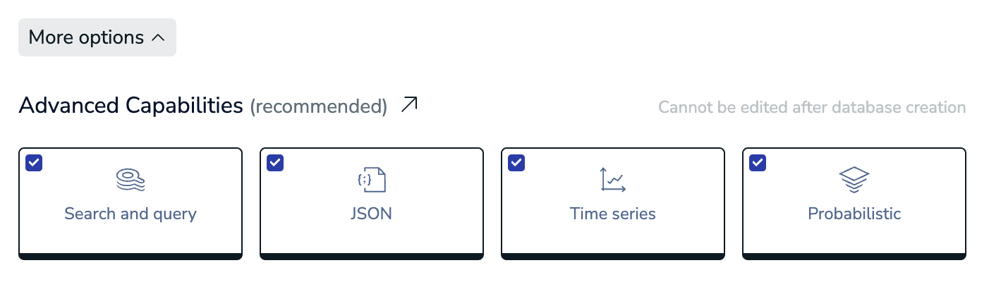 For Pro databases, you can select the capabilities included in your database.