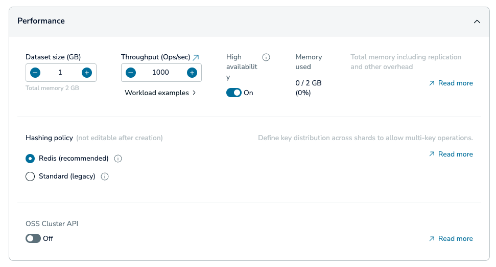 Use the Performance section to control the size, throughput, and hashing policy for a database.