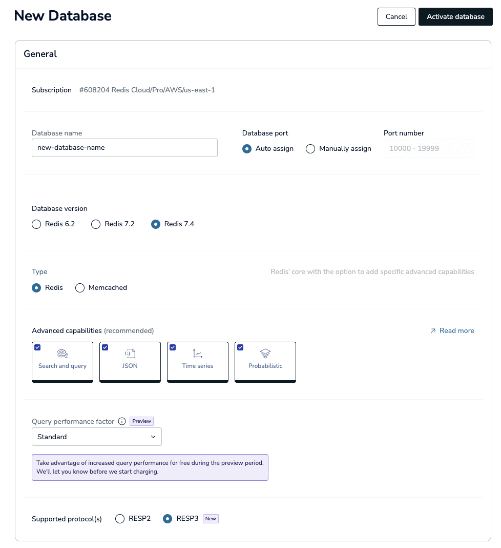 The general section of the New Database screen.