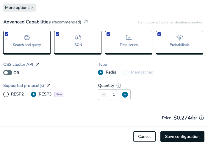 The New Database dialog with advanced settings.
