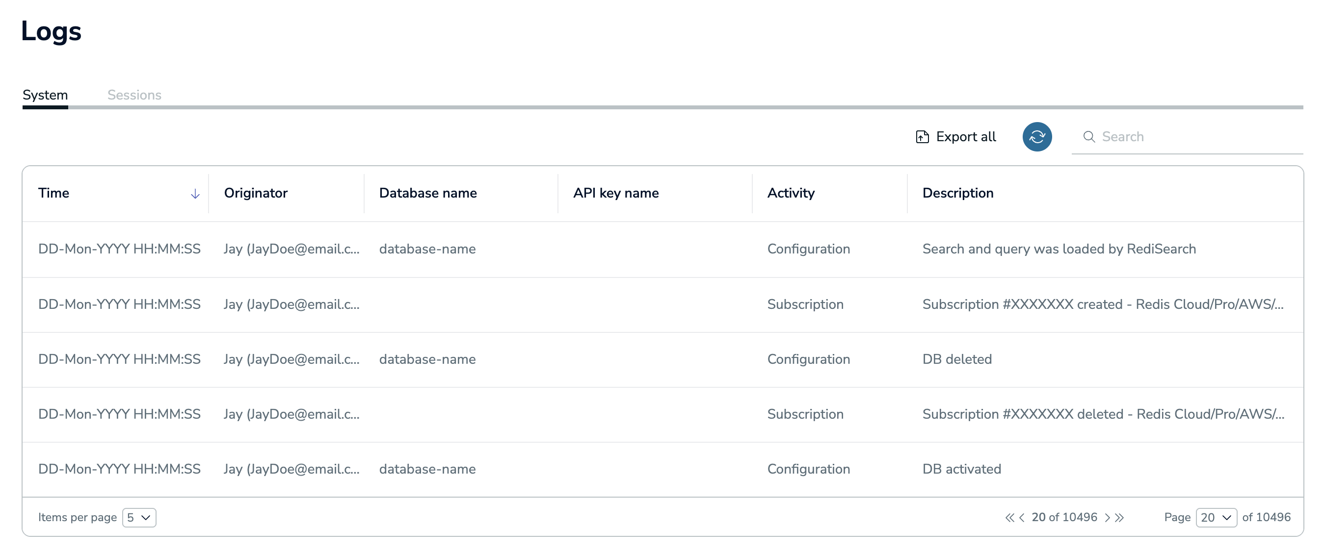 Choose the Logs page from the Redis Cloud console menu to view your subscription system log.