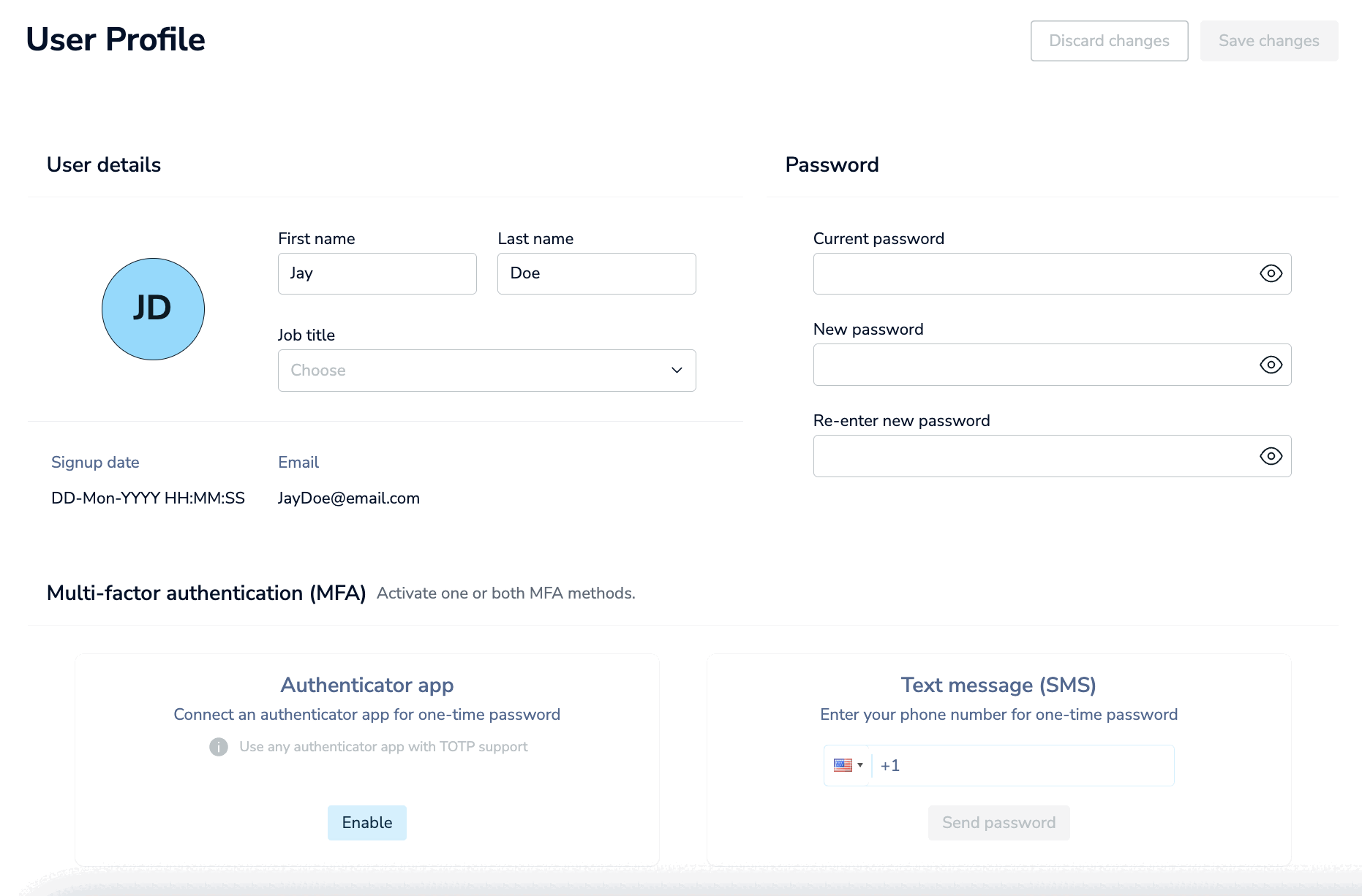 The User Profile screen lets you manage selected settings associated with your user account.