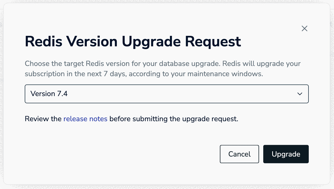 Version upgrade request list with version 7.4 selected.